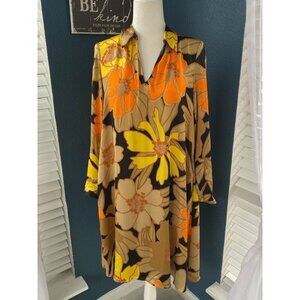 SIYU Women's Dress Sz 6 Made in Spain Retro Flower 70s Long Sleeve Sheath